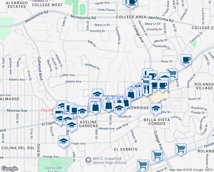 map of restaurants, bars, coffee shops, grocery stores, and more near in San Diego