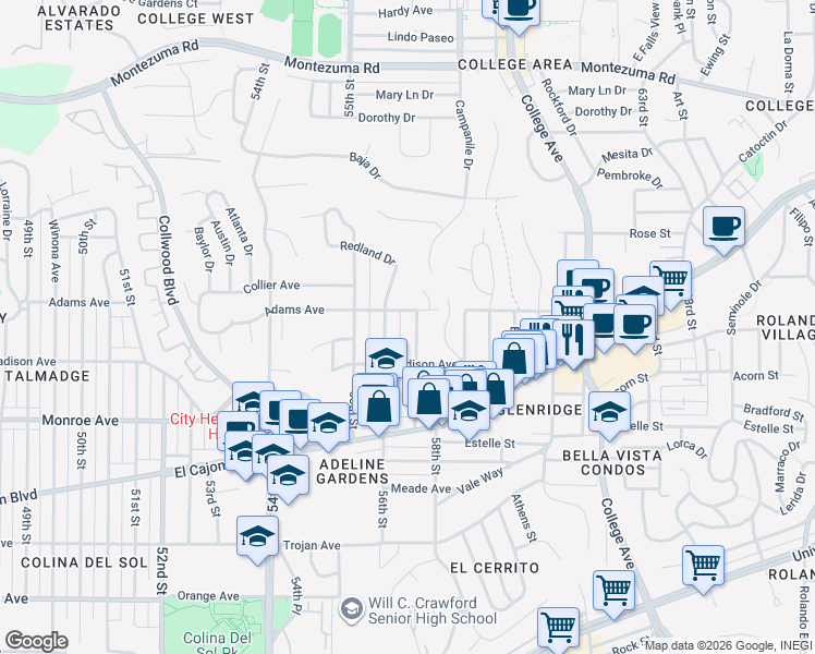map of restaurants, bars, coffee shops, grocery stores, and more near in San Diego
