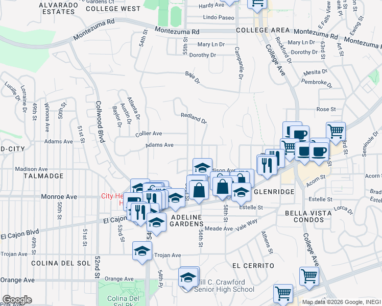 map of restaurants, bars, coffee shops, grocery stores, and more near 4657 Cajon Way in San Diego
