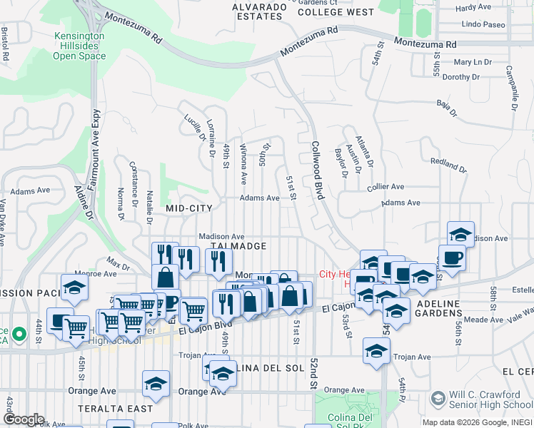 map of restaurants, bars, coffee shops, grocery stores, and more near 4628 50th Street in San Diego