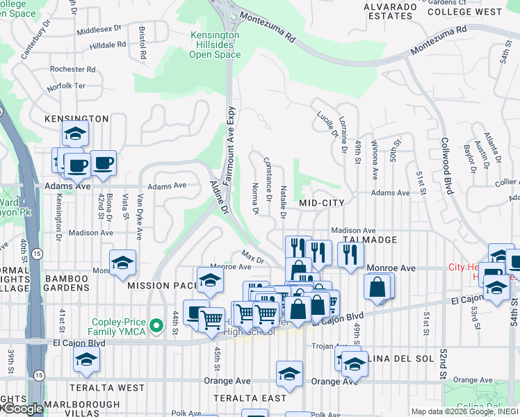 map of restaurants, bars, coffee shops, grocery stores, and more near 4614 Norma Drive in San Diego