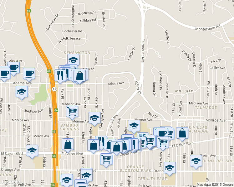 map of restaurants, bars, coffee shops, grocery stores, and more near 4610 East Talmadge Drive in San Diego