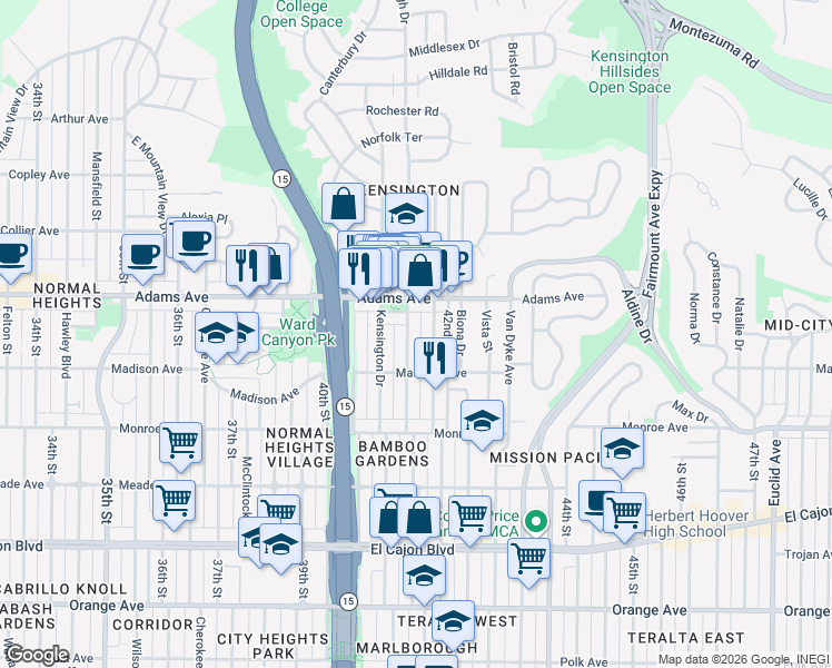 map of restaurants, bars, coffee shops, grocery stores, and more near 4624 Marlborough Drive in San Diego