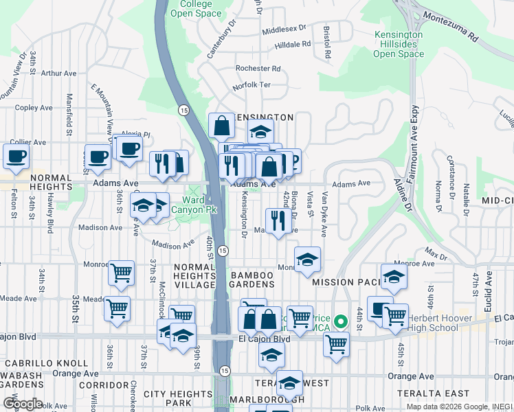 map of restaurants, bars, coffee shops, grocery stores, and more near 4624 Marlborough Drive in San Diego