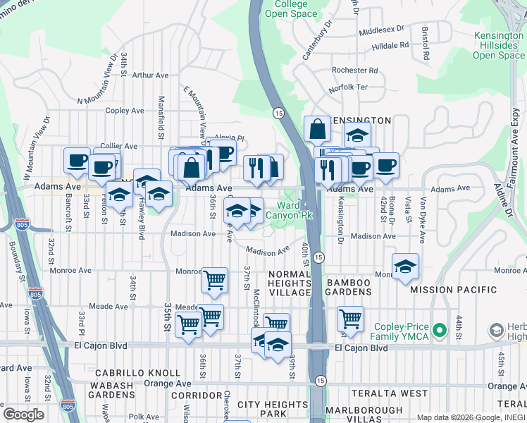 map of restaurants, bars, coffee shops, grocery stores, and more near 4636 38th Street in San Diego