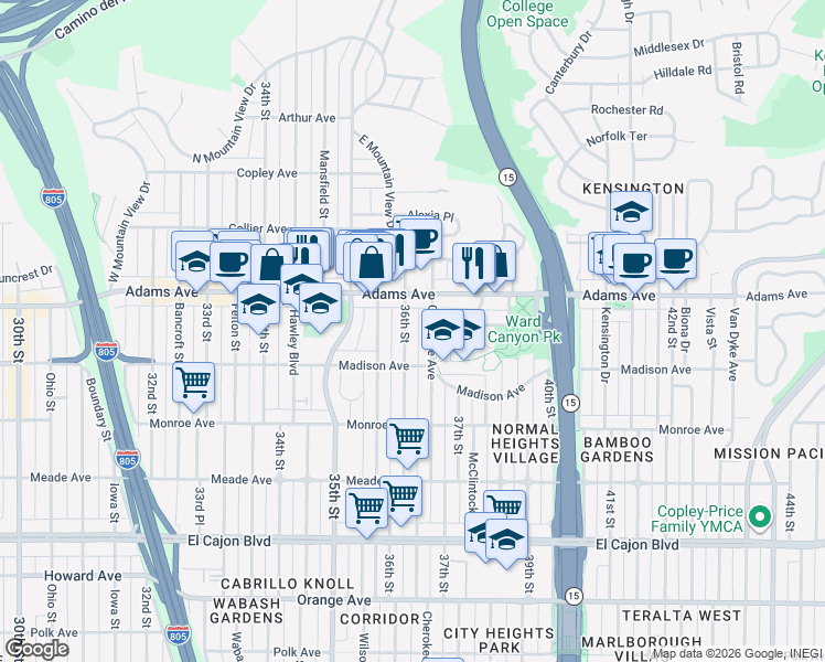map of restaurants, bars, coffee shops, grocery stores, and more near 4620 36th Street in San Diego