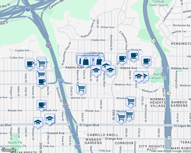 map of restaurants, bars, coffee shops, grocery stores, and more near 4621 Felton Street in San Diego