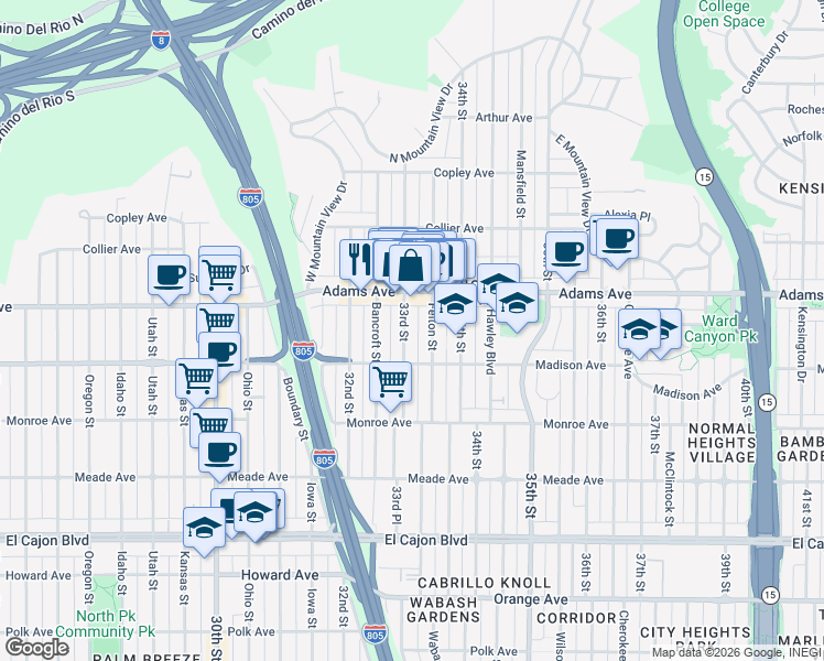 map of restaurants, bars, coffee shops, grocery stores, and more near 4620 33rd Street in San Diego
