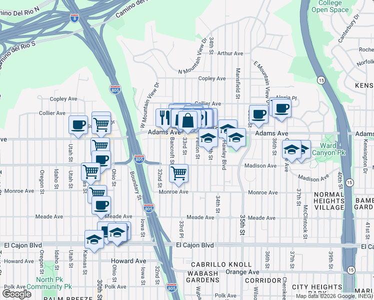 map of restaurants, bars, coffee shops, grocery stores, and more near 4620 33rd Street in San Diego