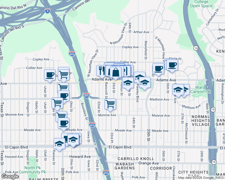 map of restaurants, bars, coffee shops, grocery stores, and more near 4620 33rd Street in San Diego