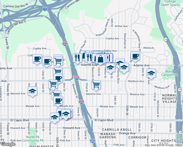 map of restaurants, bars, coffee shops, grocery stores, and more near 4621 32nd Street in San Diego
