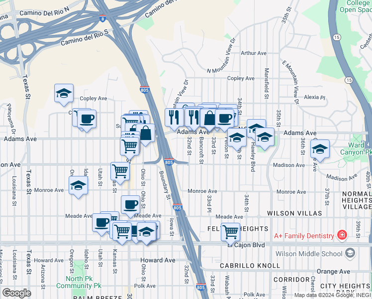 map of restaurants, bars, coffee shops, grocery stores, and more near 4615 Iowa Street in San Diego