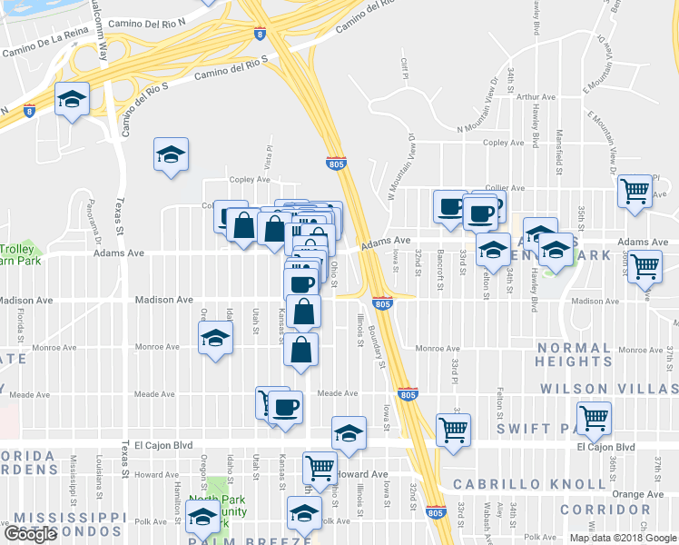 map of restaurants, bars, coffee shops, grocery stores, and more near 4630a Ohio Street in San Diego