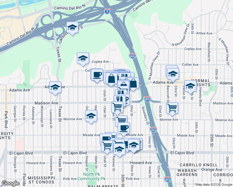 map of restaurants, bars, coffee shops, grocery stores, and more near 4622 1/2 30th Street in San Diego