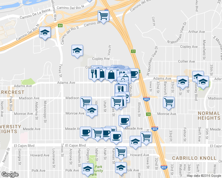 map of restaurants, bars, coffee shops, grocery stores, and more near 4602 Kansas Street in San Diego