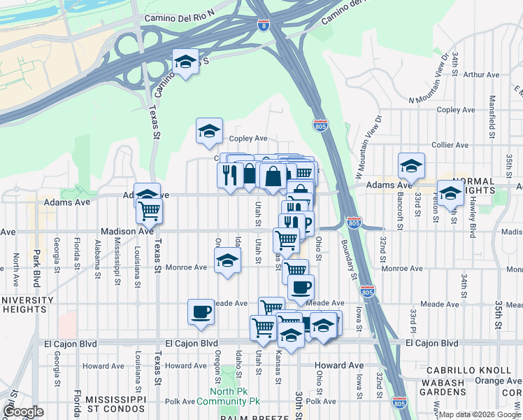 map of restaurants, bars, coffee shops, grocery stores, and more near 4602 Kansas Street in San Diego