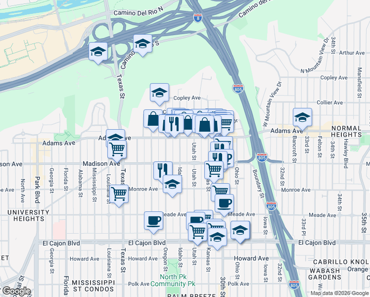 map of restaurants, bars, coffee shops, grocery stores, and more near 4623 Idaho Street in San Diego