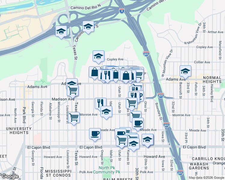 map of restaurants, bars, coffee shops, grocery stores, and more near 4623 Idaho Street in San Diego