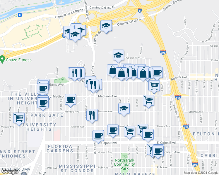 map of restaurants, bars, coffee shops, grocery stores, and more near 4620 Hamilton Street in San Diego