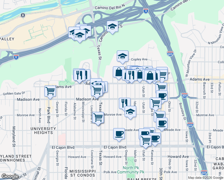 map of restaurants, bars, coffee shops, grocery stores, and more near 4620 Hamilton Street in San Diego