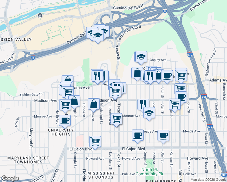 map of restaurants, bars, coffee shops, grocery stores, and more near in San Diego