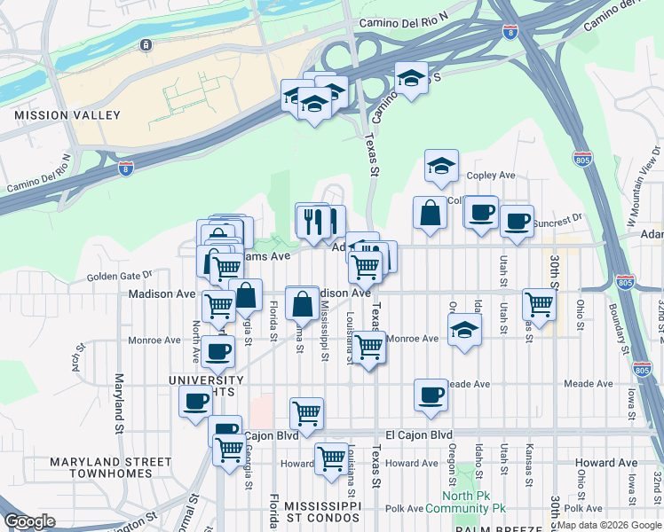 map of restaurants, bars, coffee shops, grocery stores, and more near 4623 Mississippi Street in San Diego