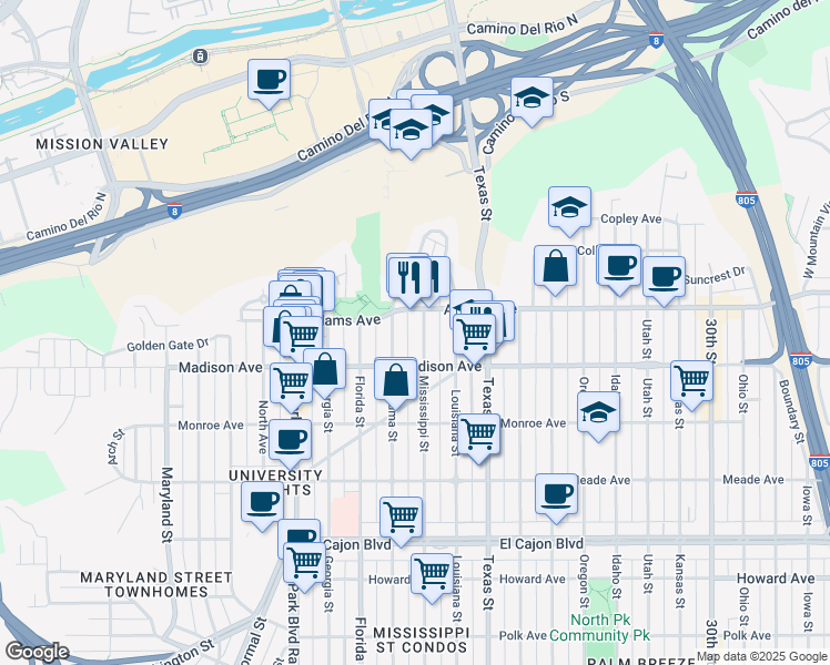 map of restaurants, bars, coffee shops, grocery stores, and more near 4623 Mississippi Street in San Diego