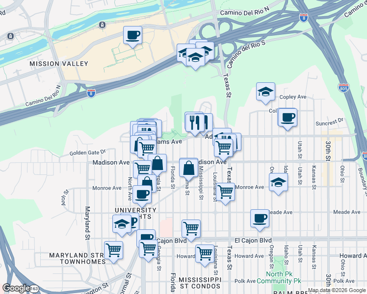 map of restaurants, bars, coffee shops, grocery stores, and more near 4625 Alabama Street in San Diego
