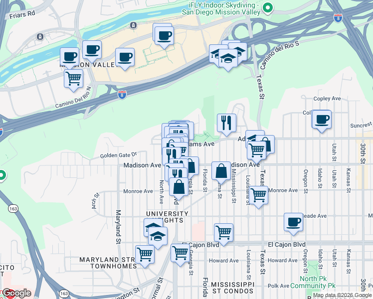 map of restaurants, bars, coffee shops, grocery stores, and more near 4628 Georgia Street in San Diego