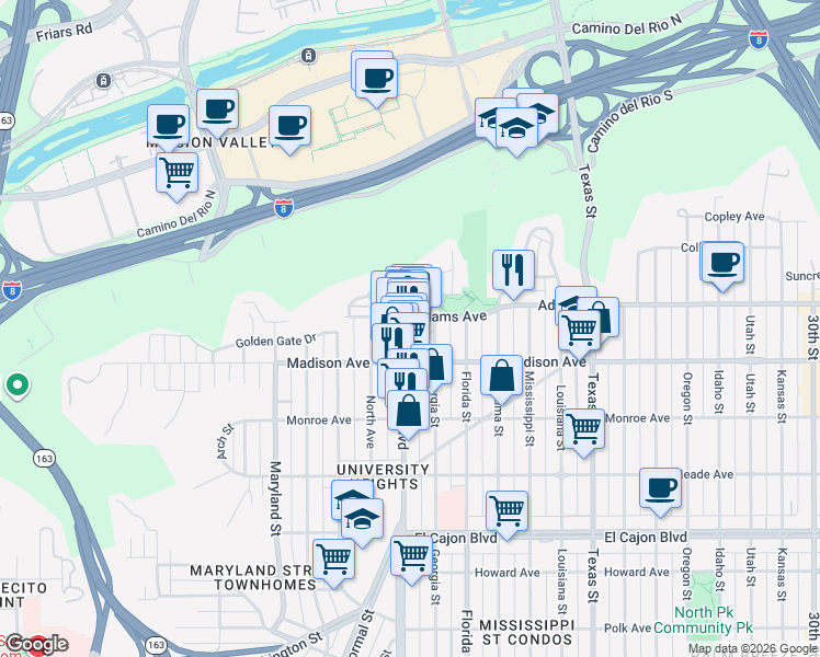 map of restaurants, bars, coffee shops, grocery stores, and more near 4628 Georgia Street in San Diego