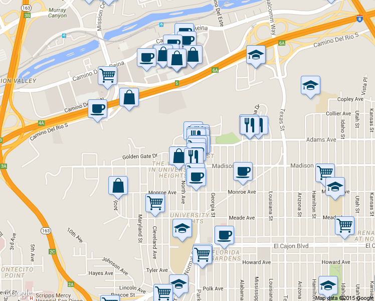 map of restaurants, bars, coffee shops, grocery stores, and more near 4640 North Avenue in San Diego