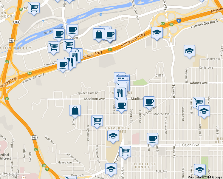 map of restaurants, bars, coffee shops, grocery stores, and more near 4619 1/2 Campus Avenue in San Diego