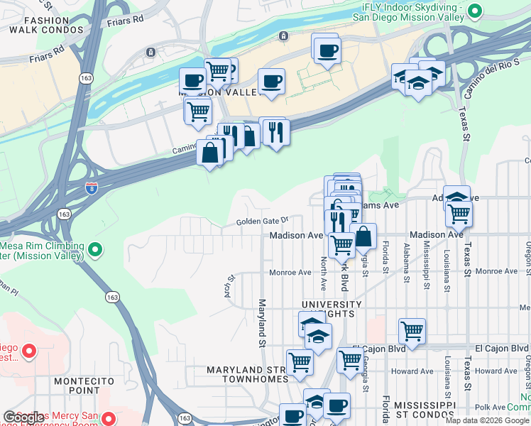 map of restaurants, bars, coffee shops, grocery stores, and more near 1245 Golden Gate Drive in San Diego