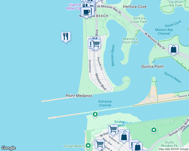 map of restaurants, bars, coffee shops, grocery stores, and more near 2711 Ocean Front Walk in San Diego