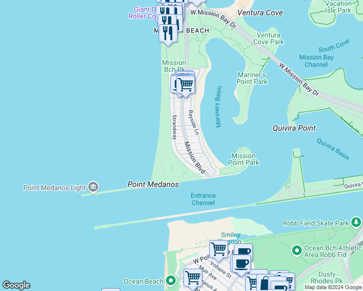 map of restaurants, bars, coffee shops, grocery stores, and more near 2711 Ocean Front Walk in San Diego