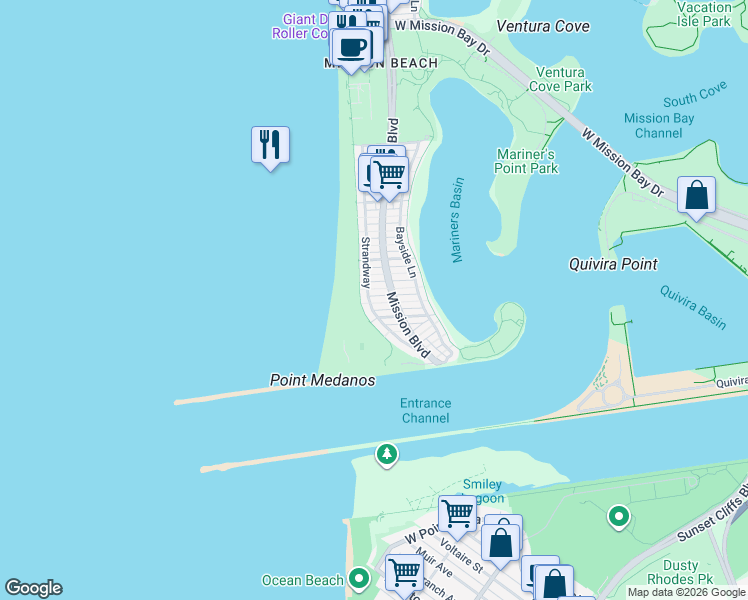 map of restaurants, bars, coffee shops, grocery stores, and more near 2711 Ocean Front Walk in San Diego