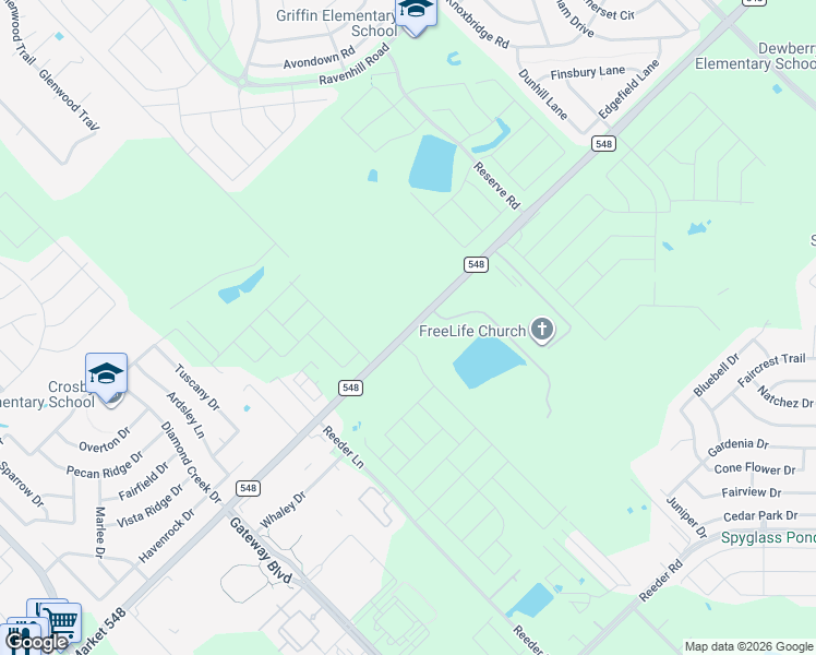 map of restaurants, bars, coffee shops, grocery stores, and more near 14132-14520 Farm to Market 548 in Forney