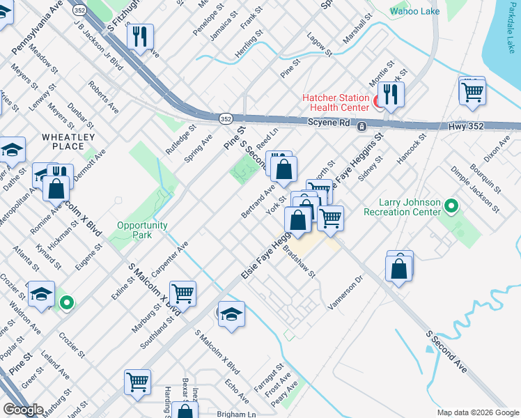 map of restaurants, bars, coffee shops, grocery stores, and more near 4600 Bradshaw Street in Dallas