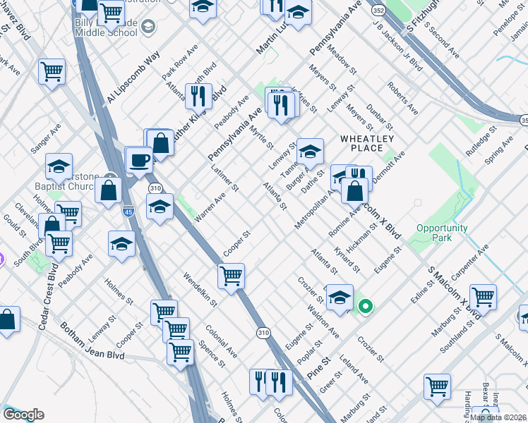 map of restaurants, bars, coffee shops, grocery stores, and more near 3611 Latimer Street in Dallas