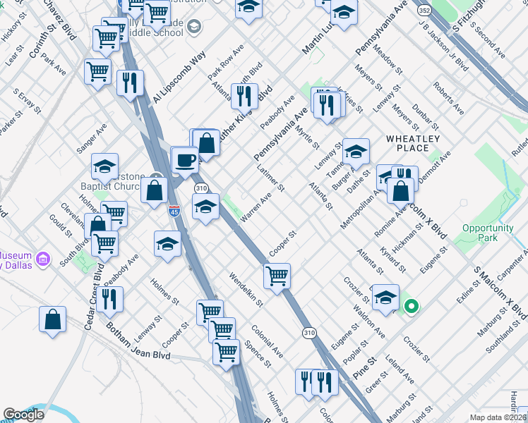map of restaurants, bars, coffee shops, grocery stores, and more near 3425 Edgewood Street in Dallas