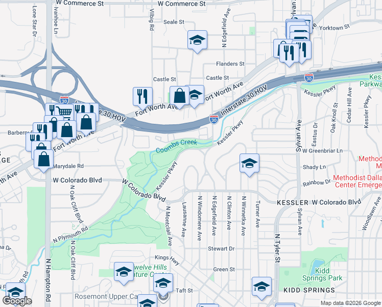 map of restaurants, bars, coffee shops, grocery stores, and more near 1344 North Windomere Avenue in Dallas