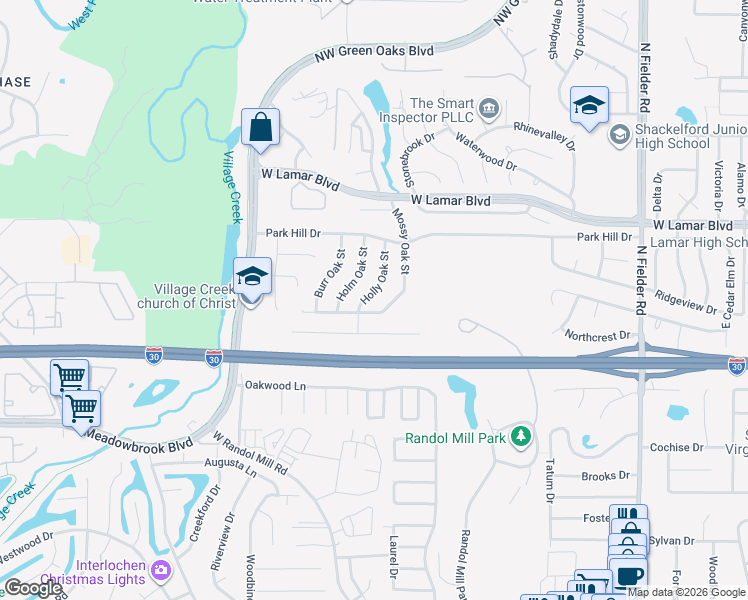 map of restaurants, bars, coffee shops, grocery stores, and more near 2102 Mossy Oak Street in Arlington