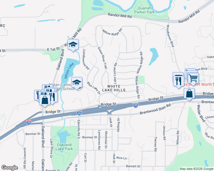 map of restaurants, bars, coffee shops, grocery stores, and more near 1016 Green River Trail in Fort Worth