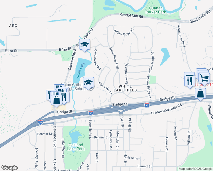 map of restaurants, bars, coffee shops, grocery stores, and more near 1016 Blue Lake Drive in Fort Worth