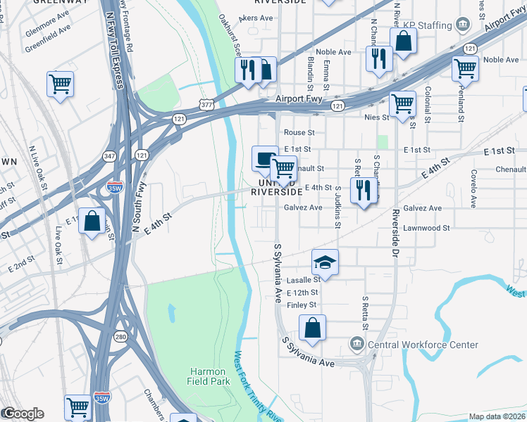 map of restaurants, bars, coffee shops, grocery stores, and more near 2521 Lawnwood Street in Fort Worth