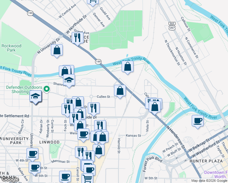 map of restaurants, bars, coffee shops, grocery stores, and more near 2400 Cullen Street in Fort Worth