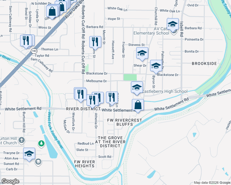 map of restaurants, bars, coffee shops, grocery stores, and more near 136 Priddy Lane in Fort Worth