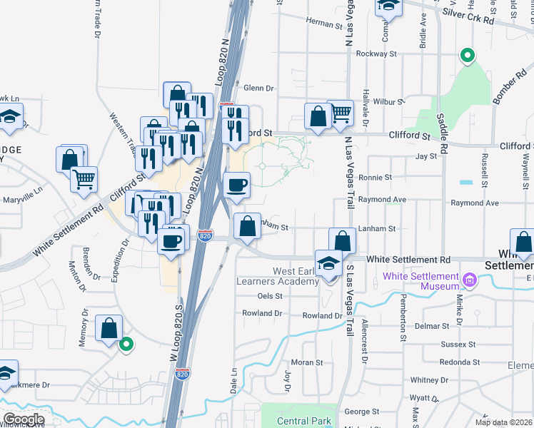 map of restaurants, bars, coffee shops, grocery stores, and more near 9207 Lanham Street in Fort Worth