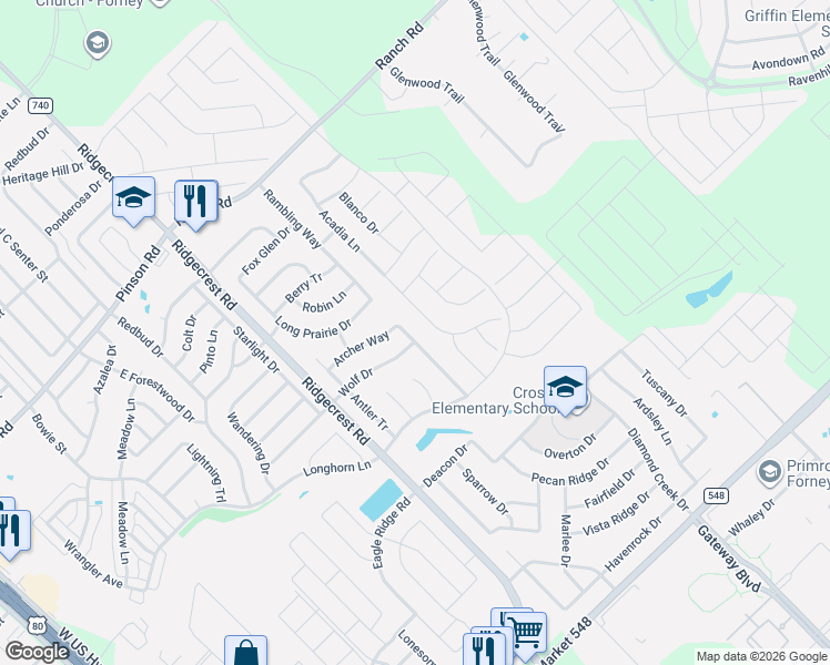 map of restaurants, bars, coffee shops, grocery stores, and more near 152 Doe Meadow Lane in Forney