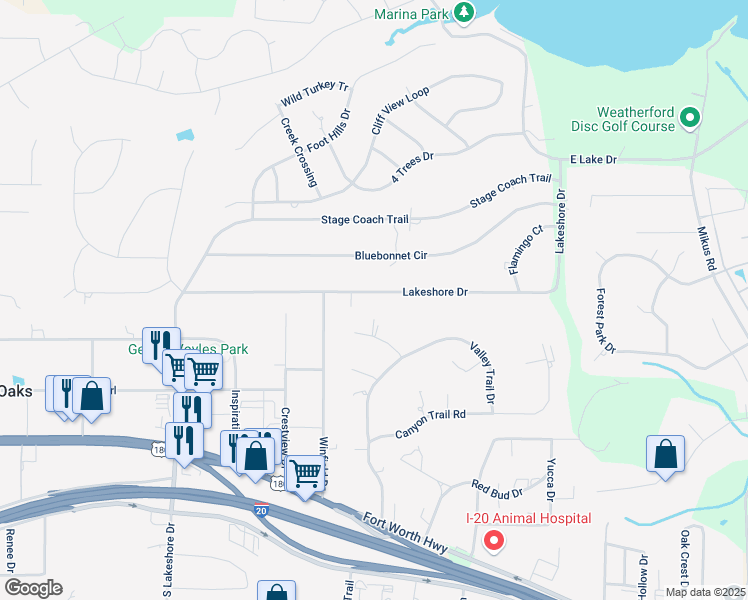 map of restaurants, bars, coffee shops, grocery stores, and more near 3504 Lakeshore Drive in Weatherford